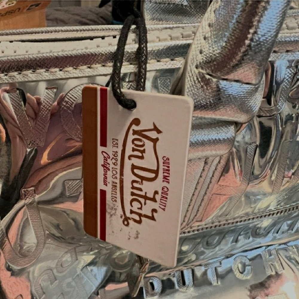 NWT! Von Dutch Metallic Silver Mirrored Weekender Gym Duffel Bag (Retail $379) - Picture 12 of 16